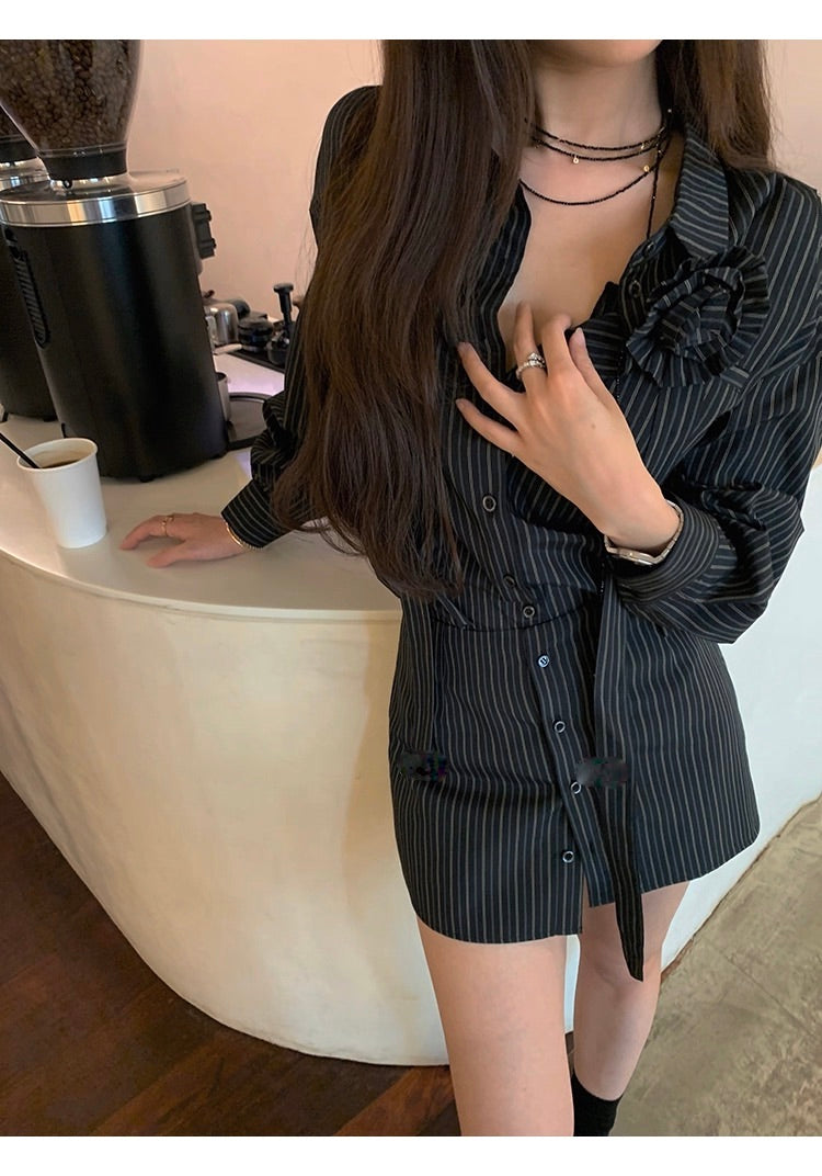 Corsage Stripe Shirts & Pants コサージュ付 ストライプシャツ＆パンツ