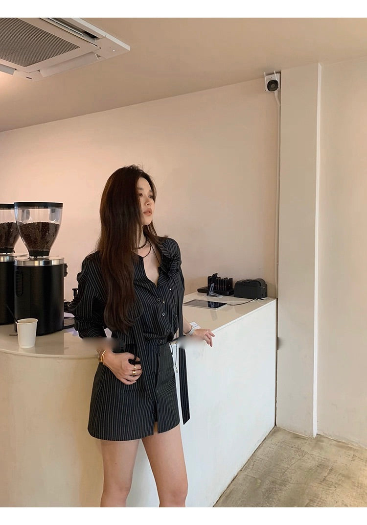 Corsage Stripe Shirts & Pants コサージュ付 ストライプシャツ＆パンツ