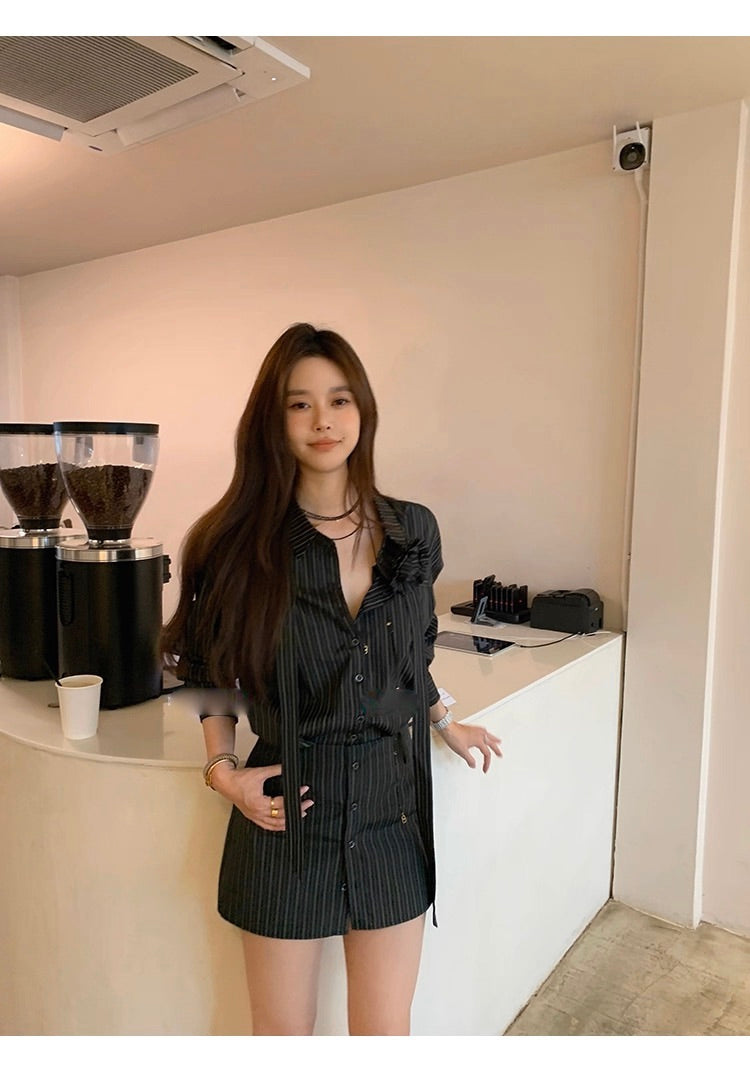 Corsage Stripe Shirts & Pants コサージュ付 ストライプシャツ＆パンツ