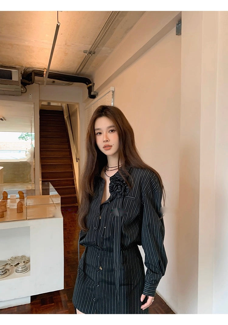 Corsage Stripe Shirts & Pants コサージュ付 ストライプシャツ＆パンツ