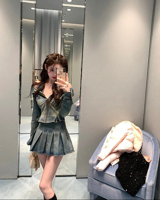 Denim Off Shoulder Top Pleats Skirt デニムオフショルダートップ プリーツスカート