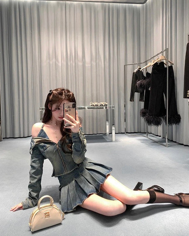 Denim Off Shoulder Top Pleats Skirt デニムオフショルダートップ プリーツスカート