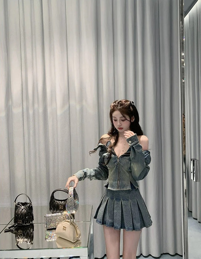 Denim Off Shoulder Top Pleats Skirt デニムオフショルダートップ プリーツスカート