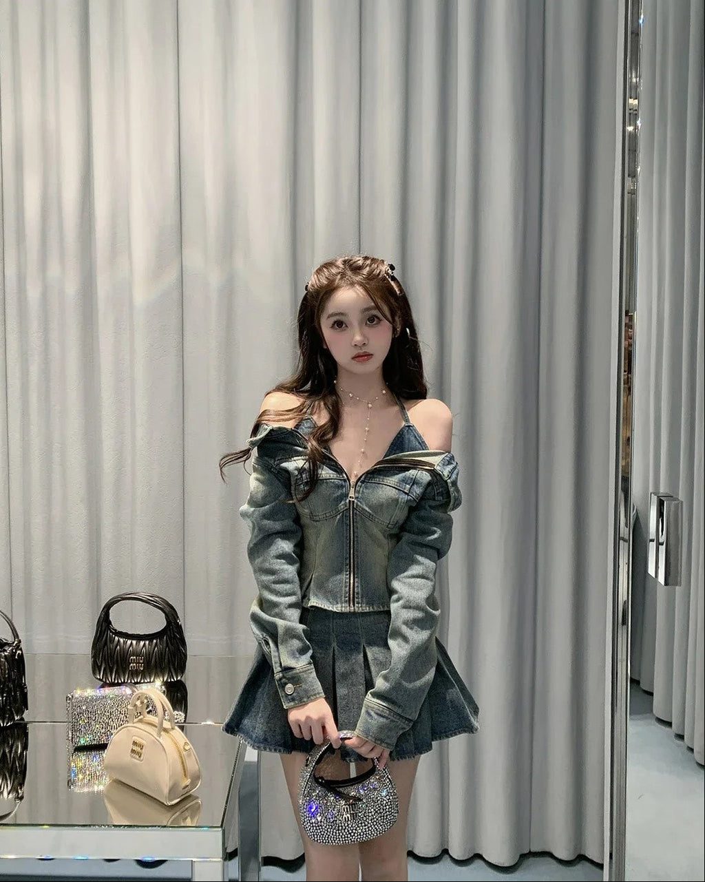 Denim Off Shoulder Top Pleats Skirt デニムオフショルダートップ プリーツスカート