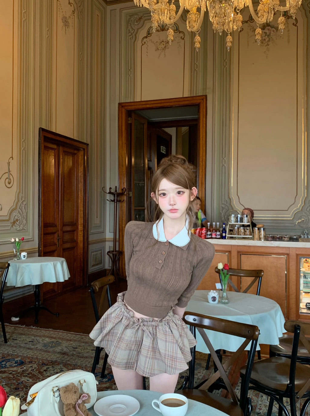 Embroidered-Collar Wool Knit Sweater&Plaid Skirt-Pants　刺繍襟ウールニットセーター&チェック柄スカートパンツ