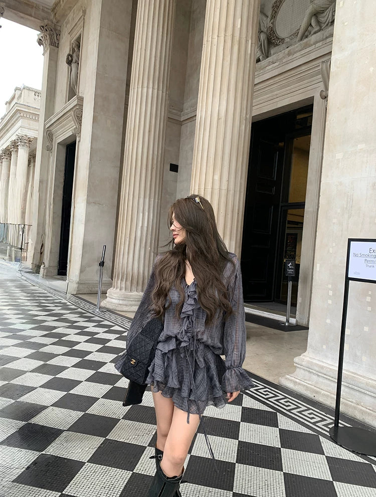 See-through check frill shirts&skirtシースルーチェック柄フリルシャツ&スカート