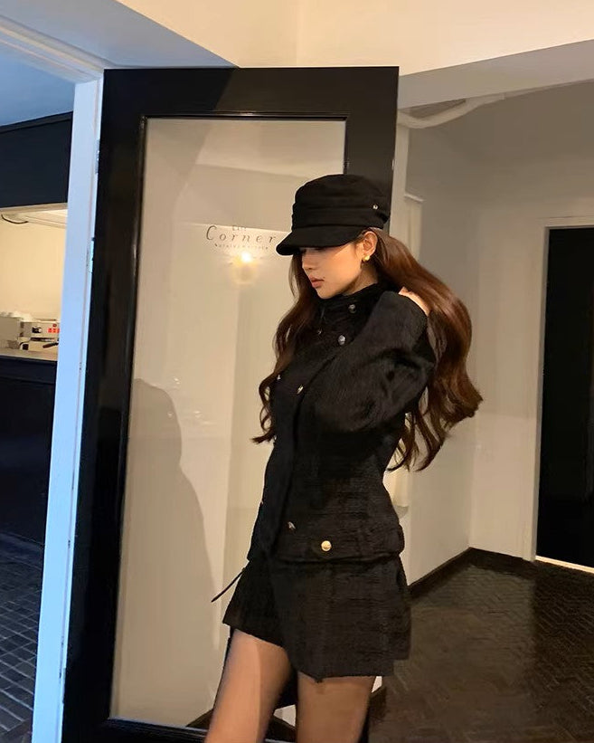 Check Wool Stand Jacket Box Pleats Skirt チェックウールスタンド ジャケット ボックスプリーツスカート