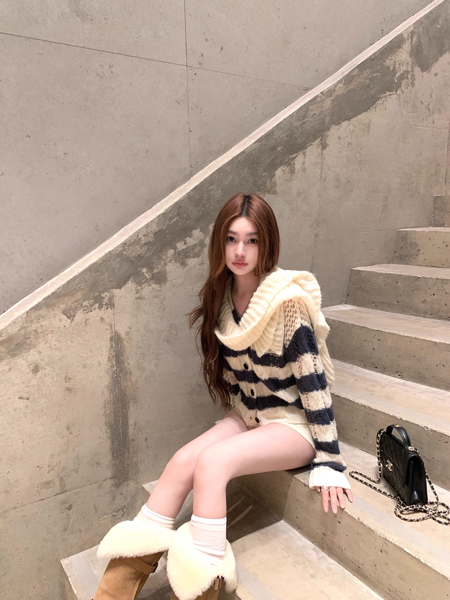 Frill Shawl border Knit  フリル ショール ボーダーニット