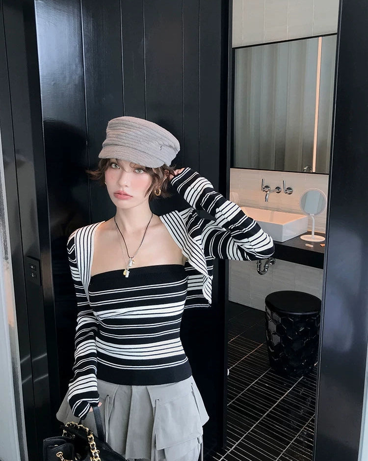 Short Bolero Striped bare top cargo pants set ショートボレロボーダーベアトップカーゴパンツセット
