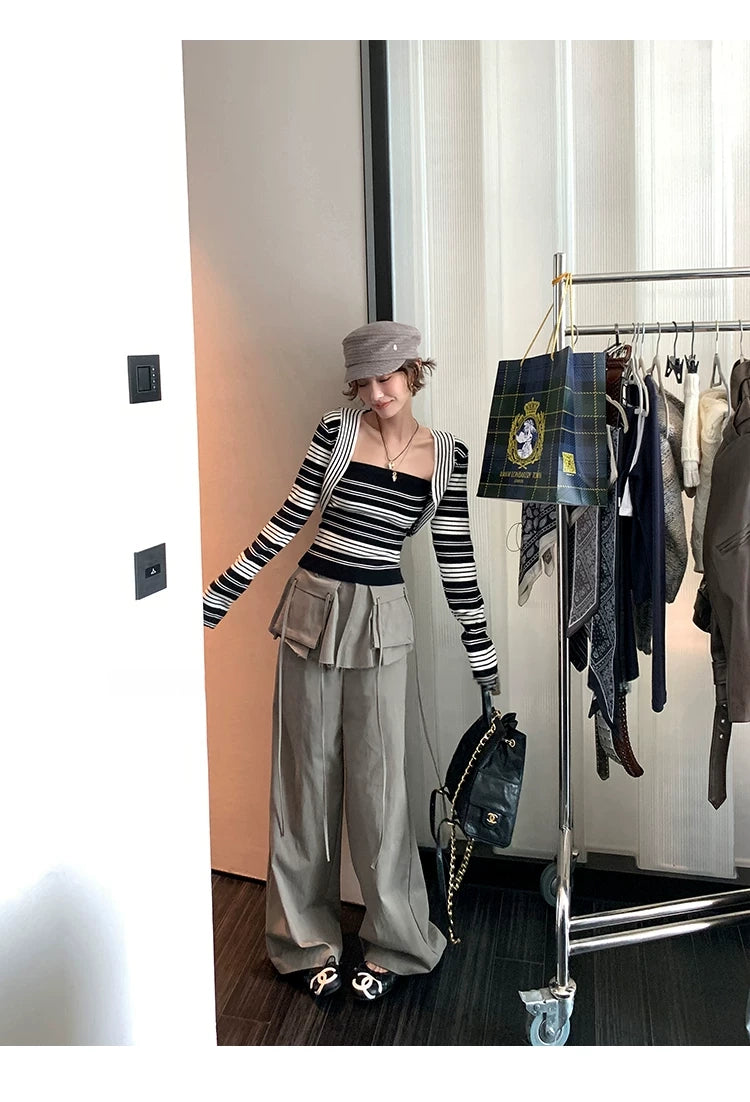 Short Bolero Striped bare top cargo pants set ショートボレロボーダーベアトップカーゴパンツセット