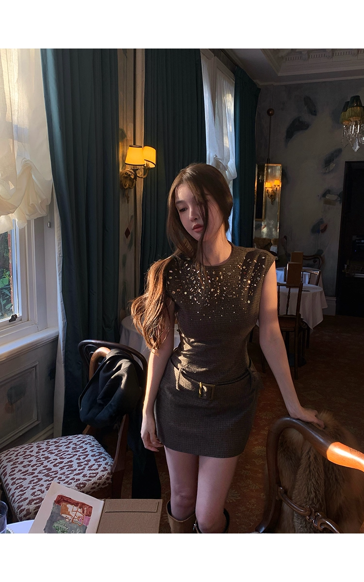 Brown Wool Stone Dress ブラウン ウール ストーン ドレス