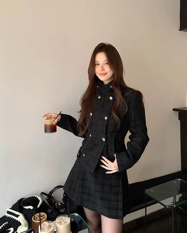 Check Wool Stand Jacket Box Pleats Skirt チェックウールスタンド ジャケット ボックスプリーツスカート