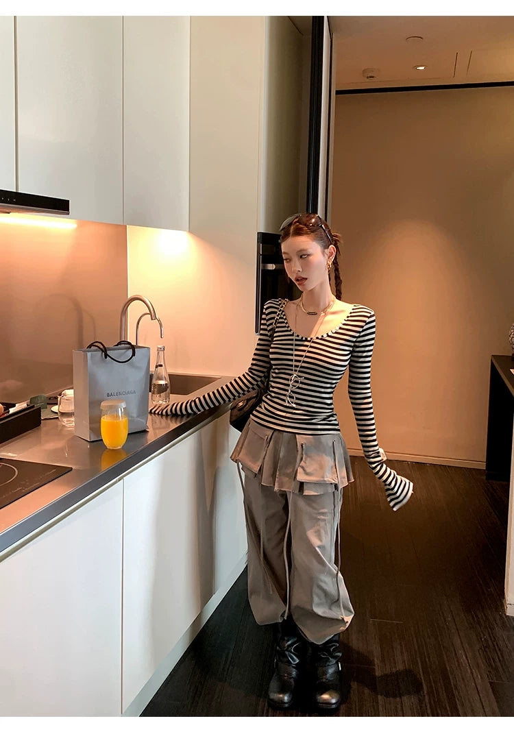 Short Bolero Striped bare top cargo pants set ショートボレロボーダーベアトップカーゴパンツセット