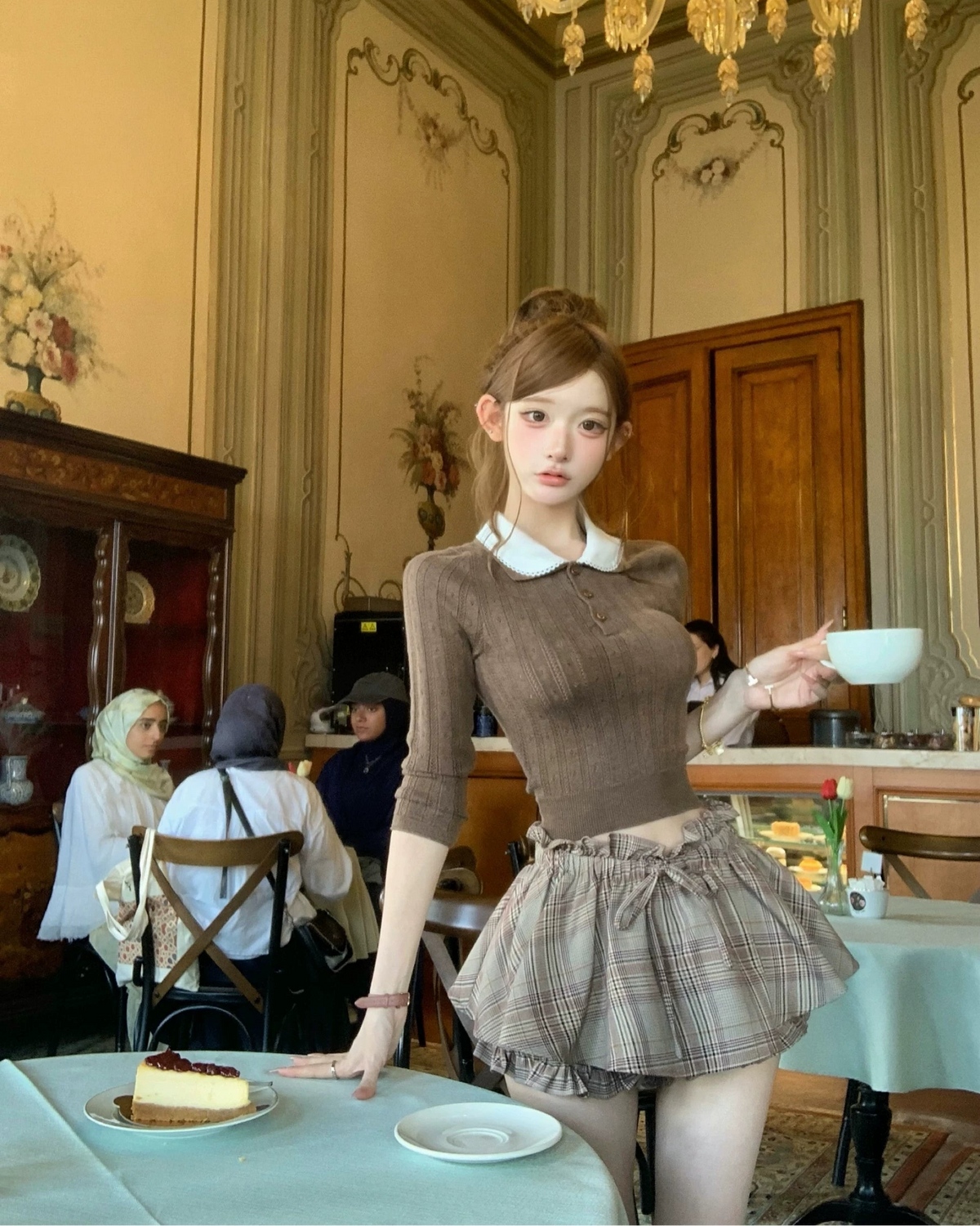 Embroidered-Collar Wool Knit Sweater&Plaid Skirt-Pants　刺繍襟ウールニットセーター&チェック柄スカートパンツ
