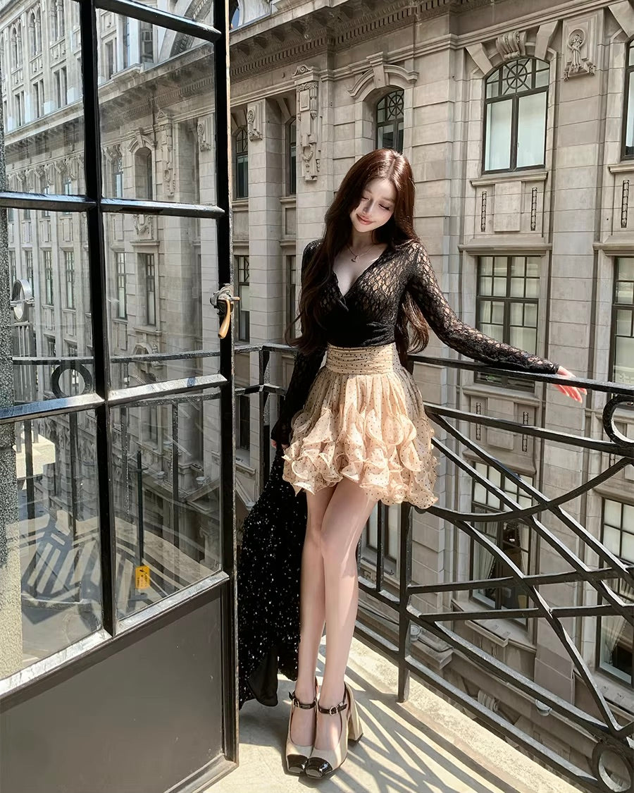 Lace cut saw Frill Skirt レースカットソー フリルスカート