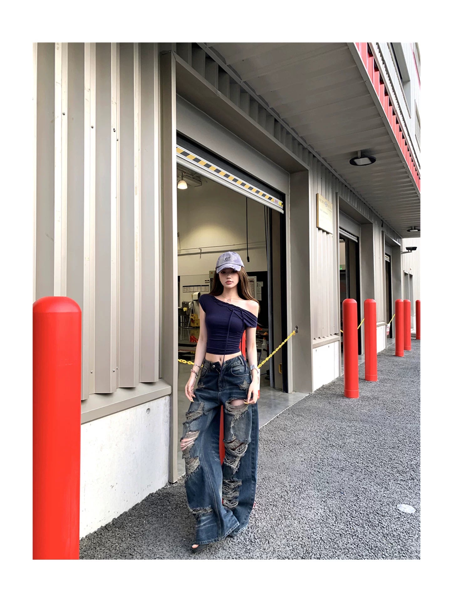 Navy Destroy Wide Denim ネイビー デストロイ ワイドデニム