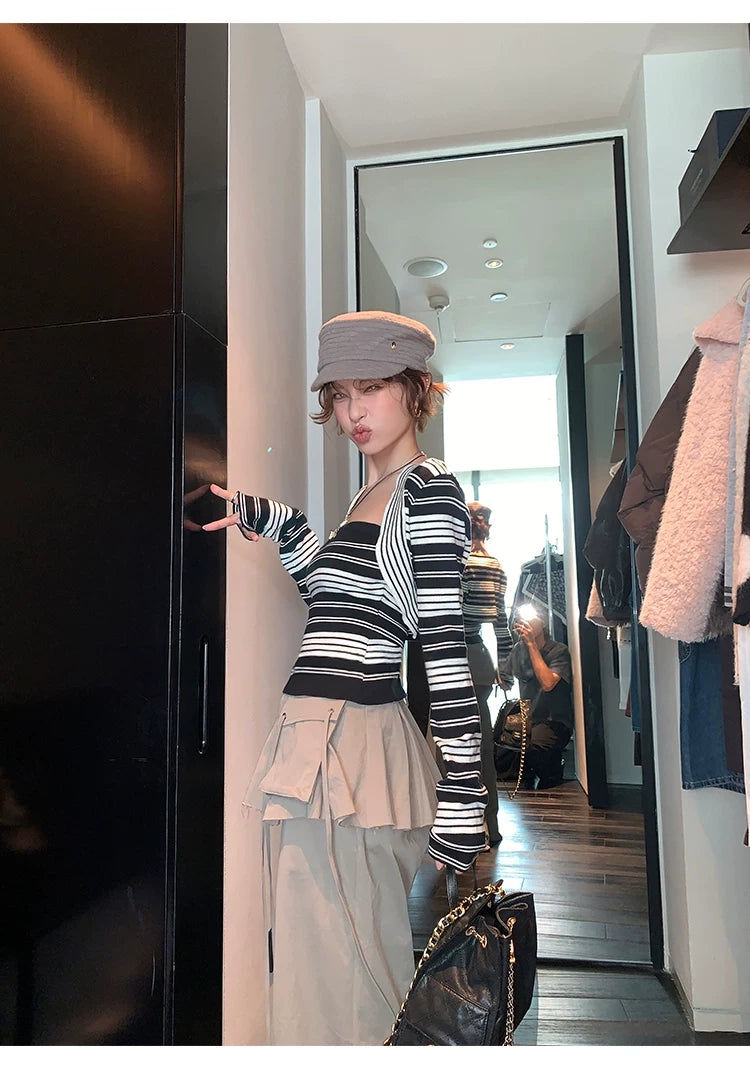 Short Bolero Striped bare top cargo pants set ショートボレロボーダーベアトップカーゴパンツセット