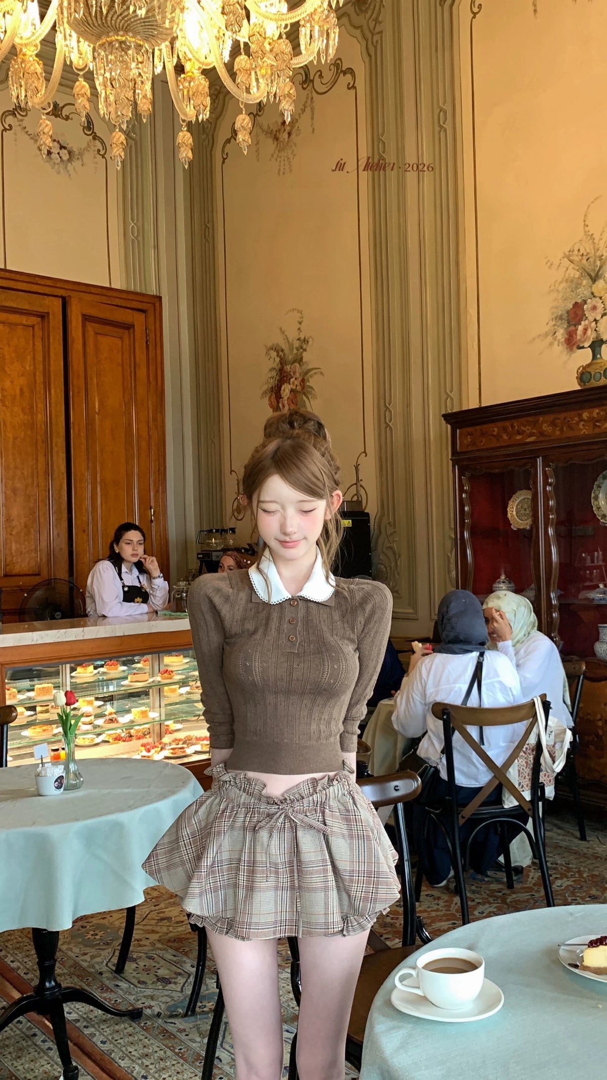 Embroidered-Collar Wool Knit Sweater&Plaid Skirt-Pants　刺繍襟ウールニットセーター&チェック柄スカートパンツ