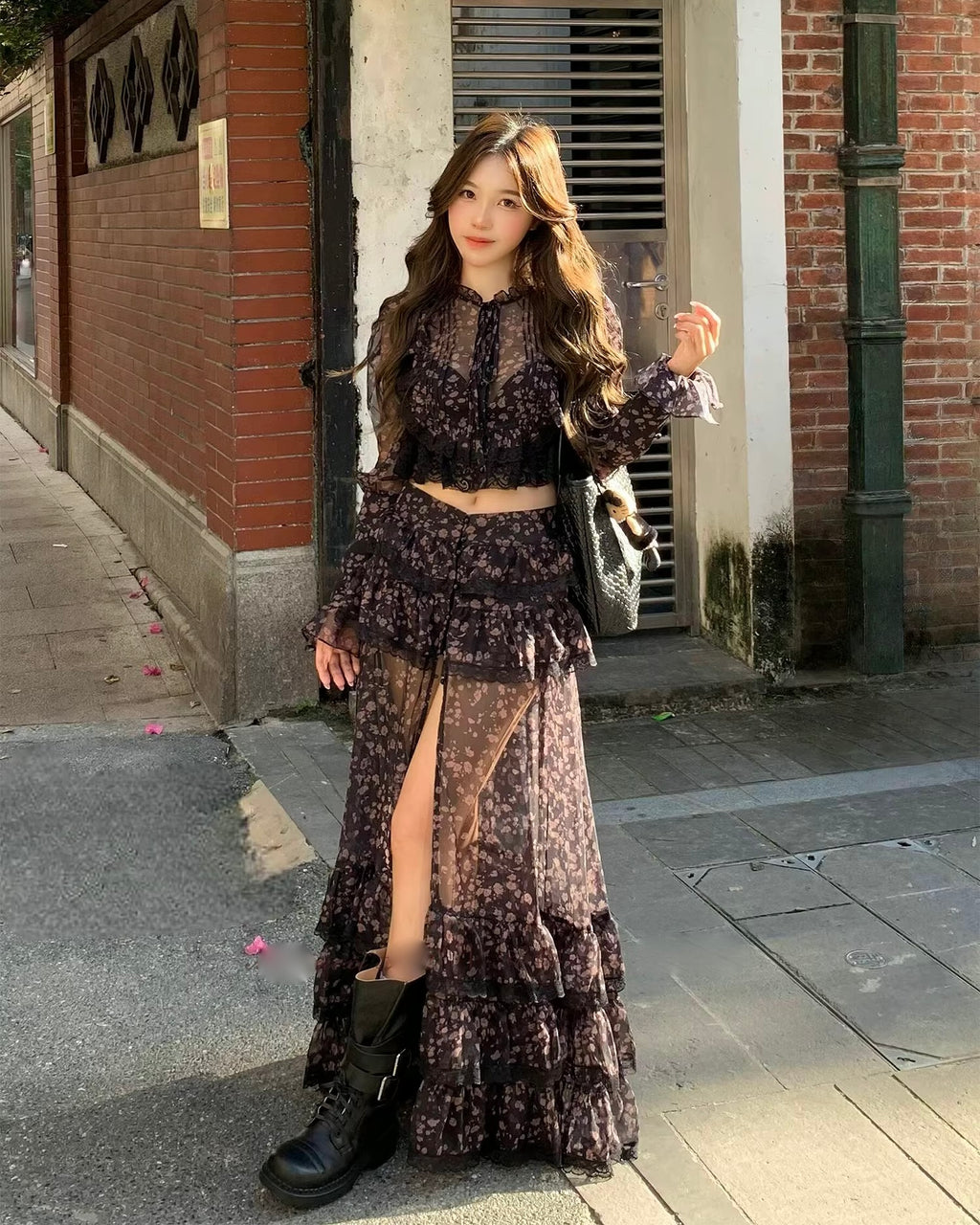 Flower Print Blouse & Long Skirt Set  フラワープリントブラウス＆ロングスカートセット