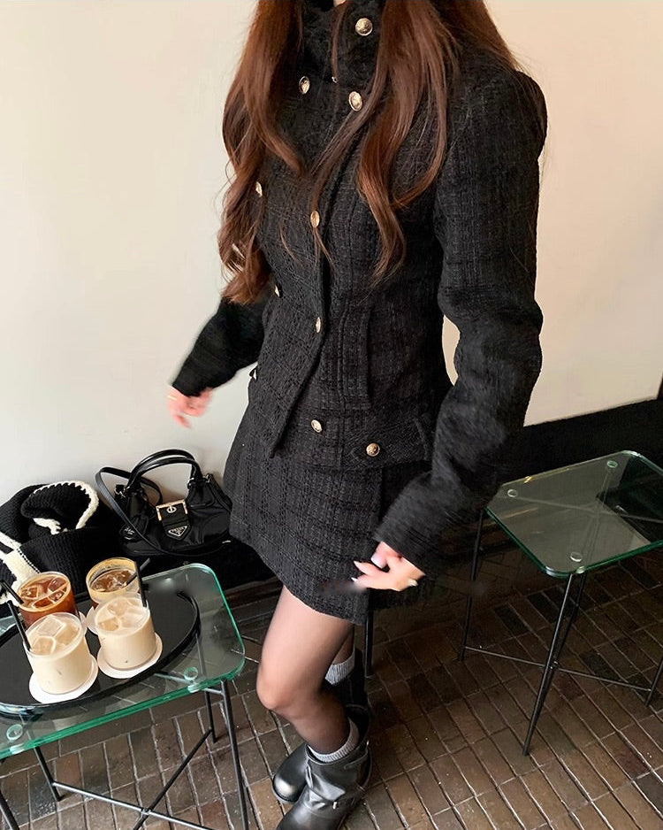Check Wool Stand Jacket Box Pleats Skirt チェックウールスタンド ジャケット ボックスプリーツスカート