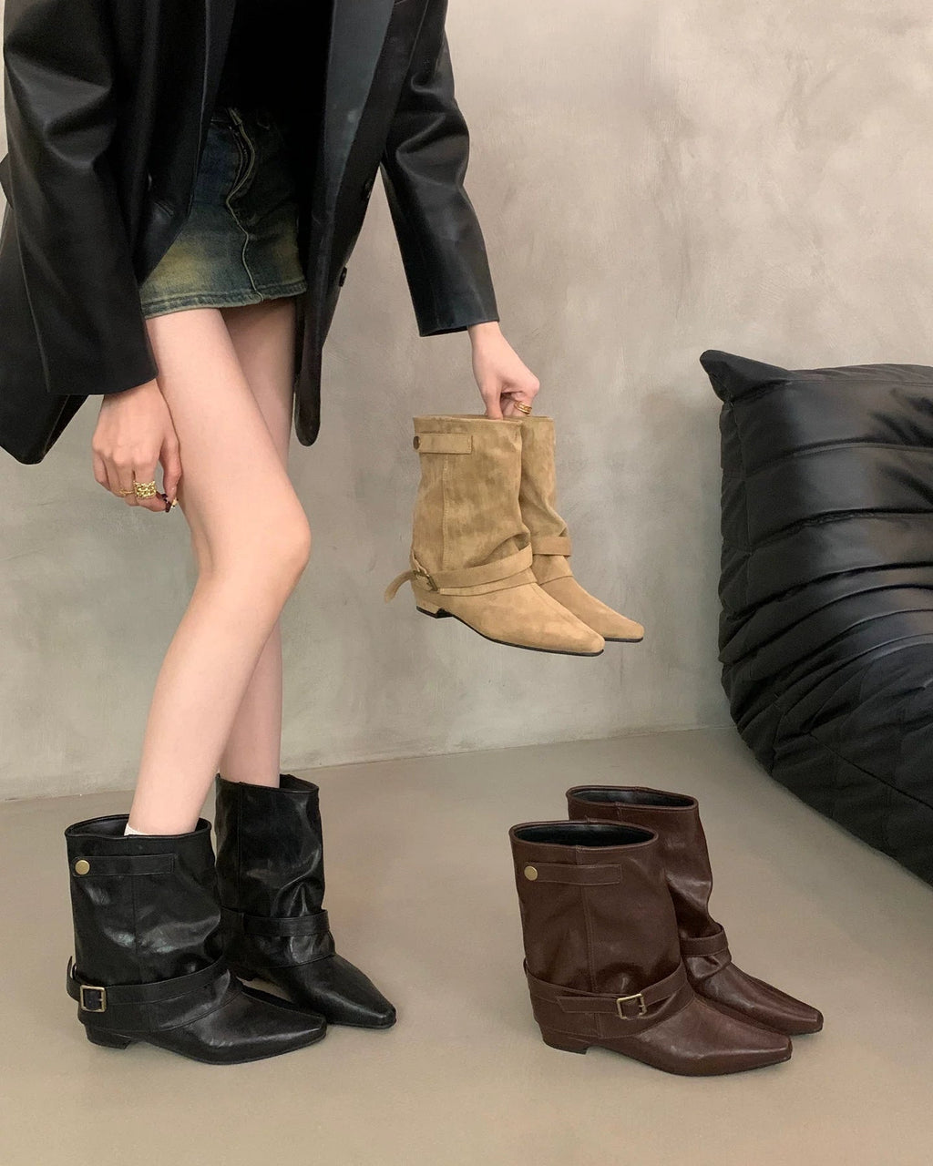 Belt-Buckle Pointed-Toe Ankle Boots ベルトバックルポインテッドトゥショートブーツ