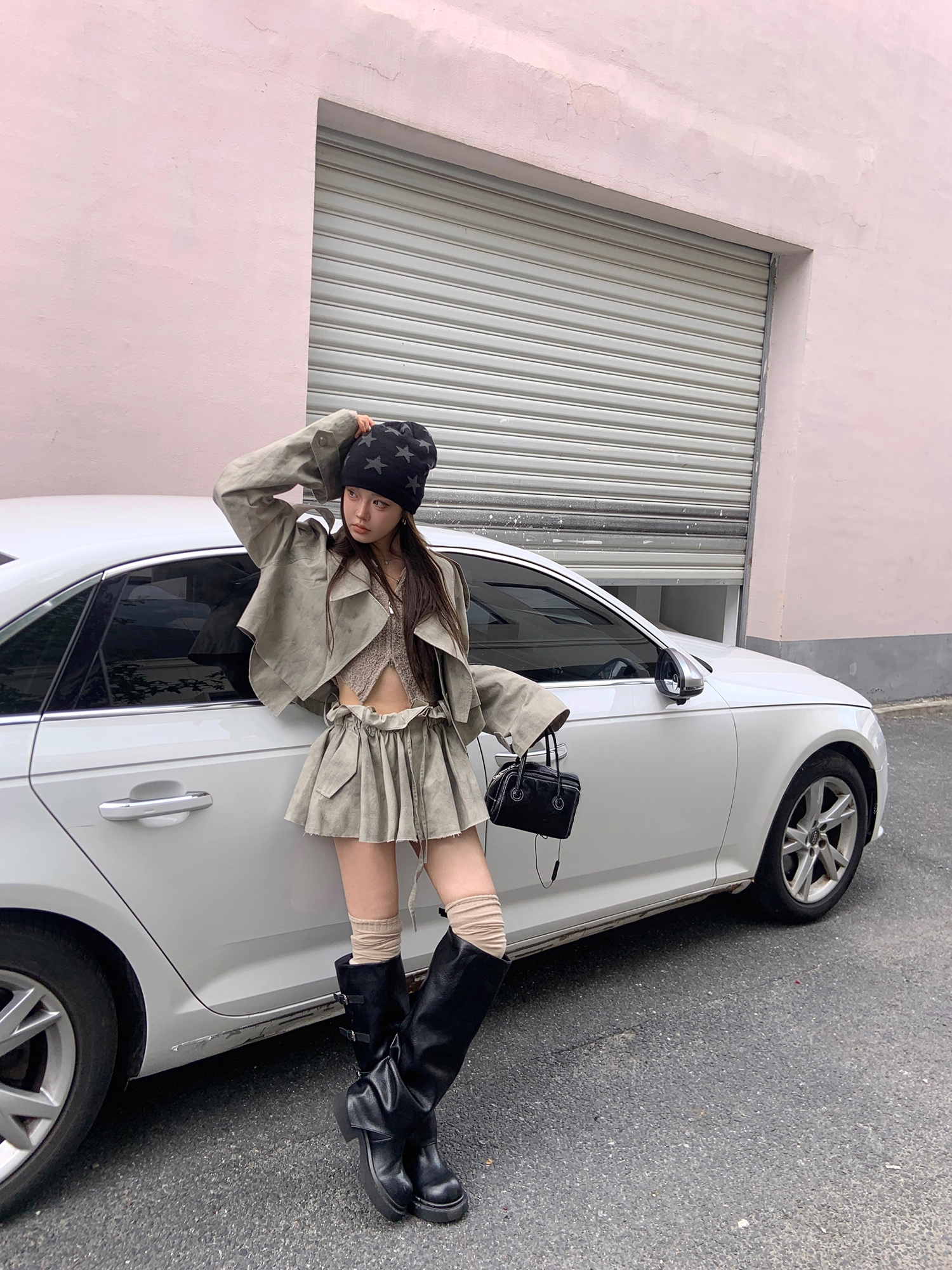 Lose Trench Jacket & Pleats Mini Skirt ルーズショートトレンチジャケット＆プリーツミニスカート
