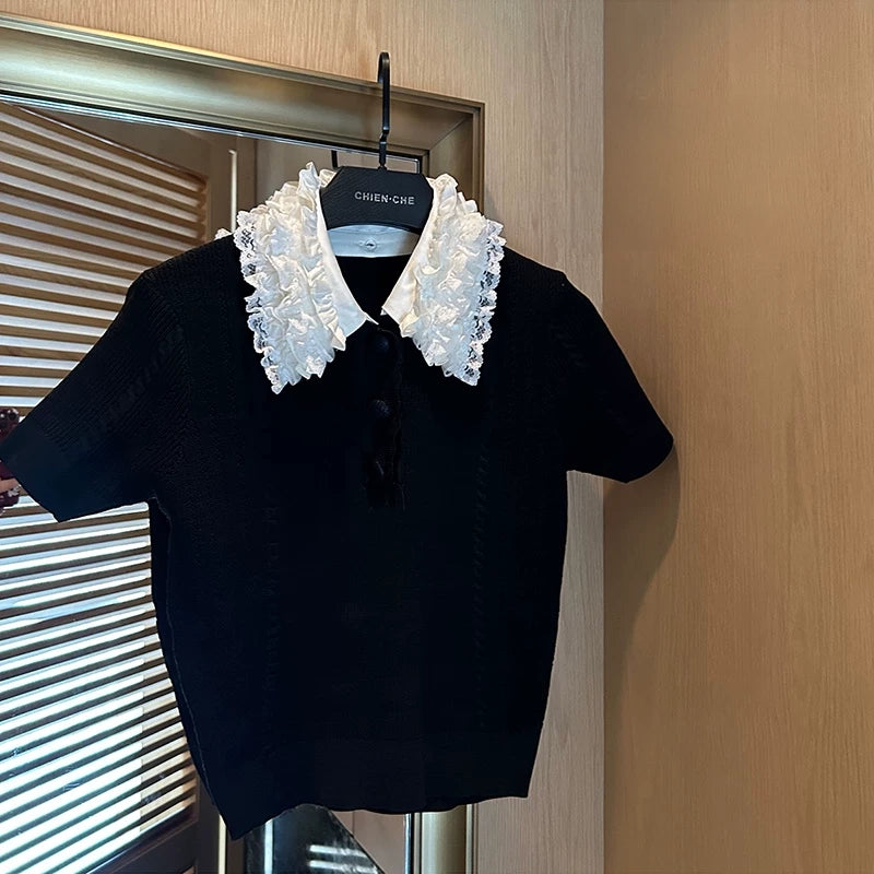 Lace-collar short-sleeve polo shirt レース襟半袖ポロシャツ