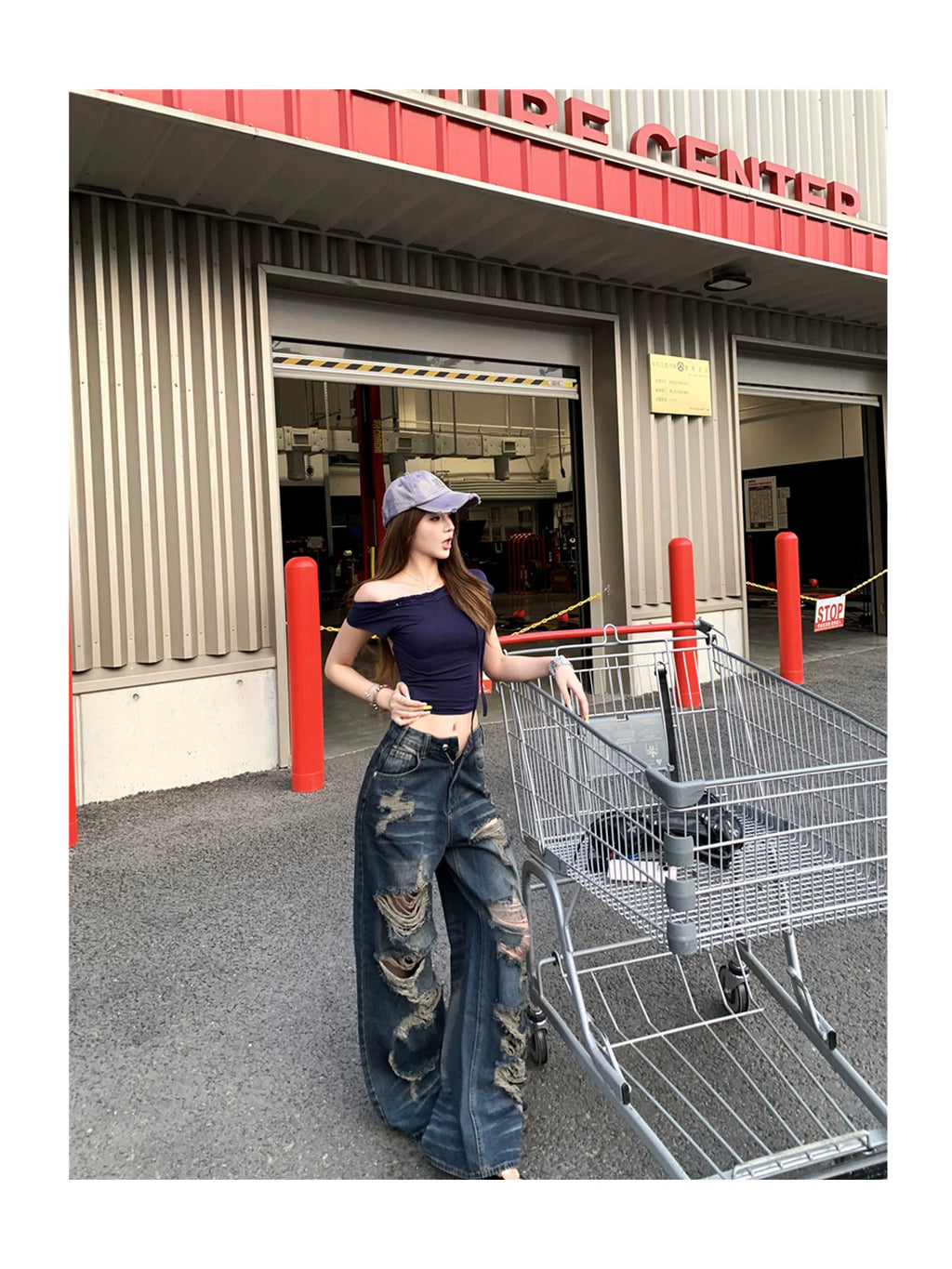 Navy Destroy Wide Denim ネイビー デストロイ ワイドデニム