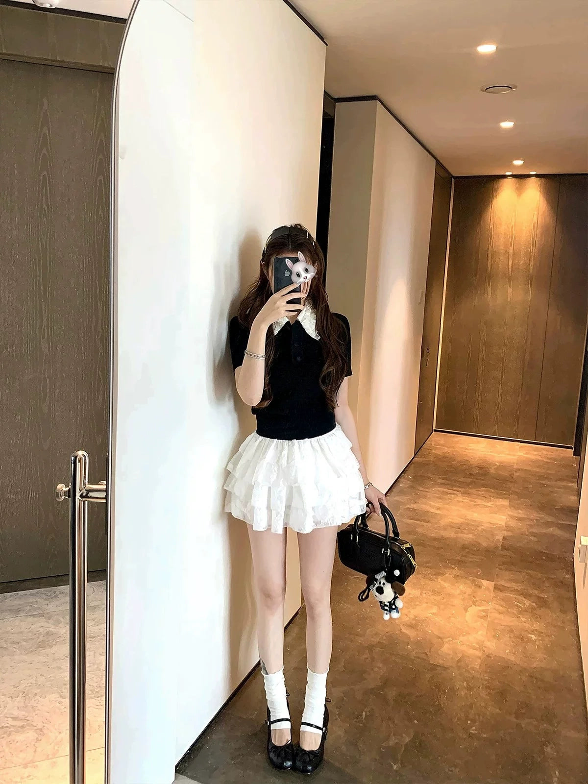 Lace-collar short-sleeve polo shirt レース襟半袖ポロシャツ