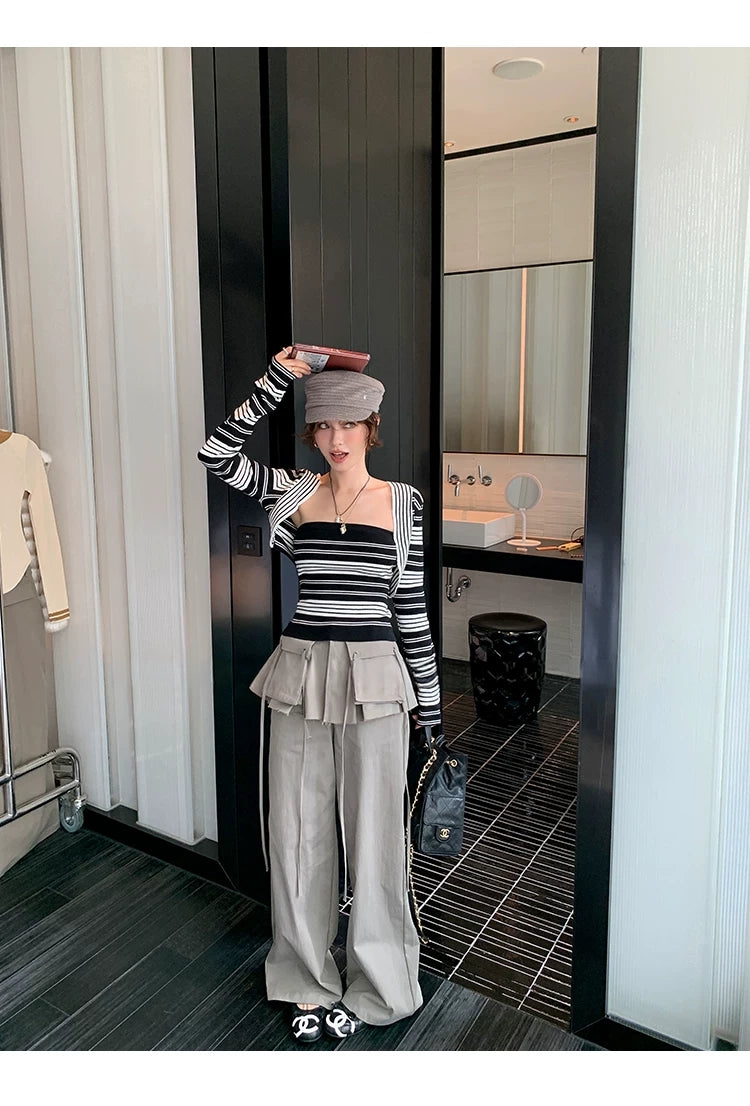 Short Bolero Striped bare top cargo pants set ショートボレロボーダーベアトップカーゴパンツセット