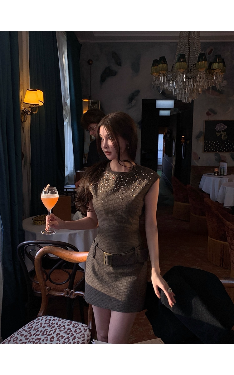 Brown Wool Stone Dress ブラウン ウール ストーン ドレス