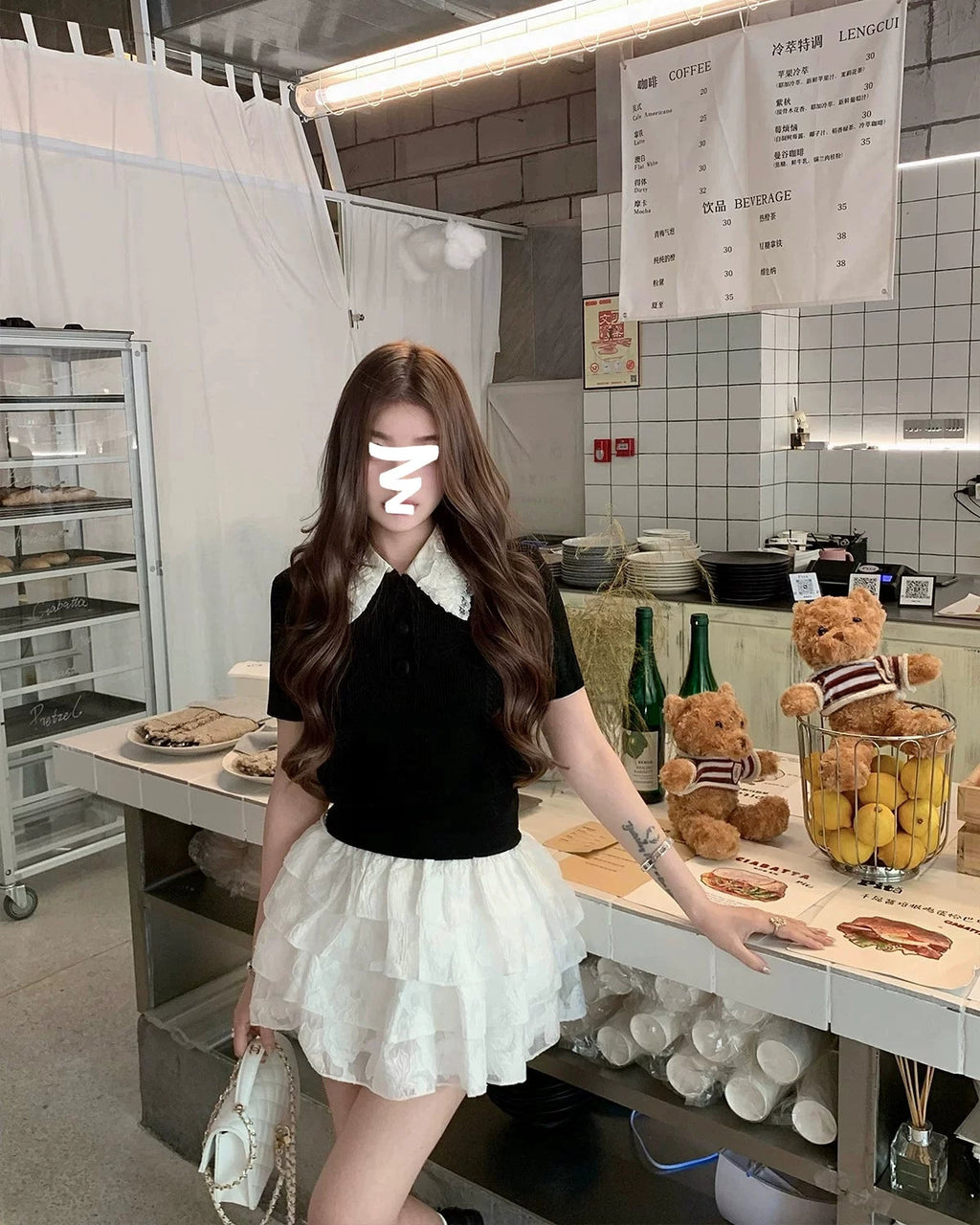 Lace-collar short-sleeve polo shirt レース襟半袖ポロシャツ