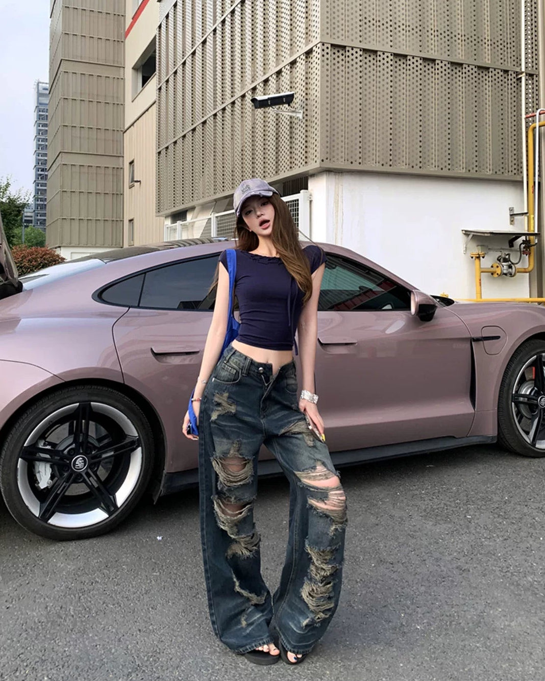 Navy Destroy Wide Denim ネイビー デストロイ ワイドデニム