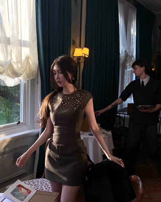 Brown Wool Stone Dress ブラウン ウール ストーン ドレス