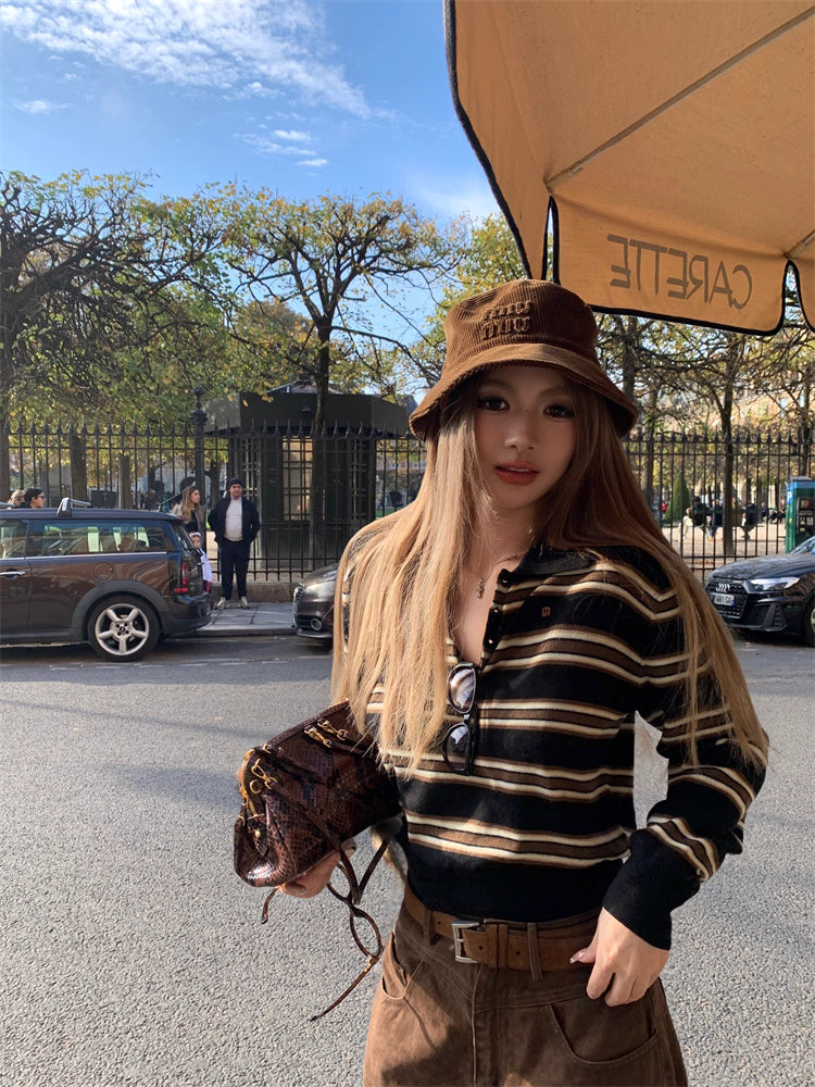 Border Short Knit Cardigan ボーダー ショート ニット 襟付きカーディガン