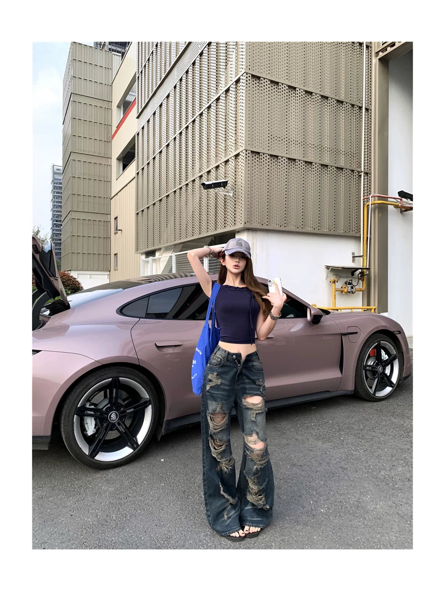 Navy Destroy Wide Denim ネイビー デストロイ ワイドデニム
