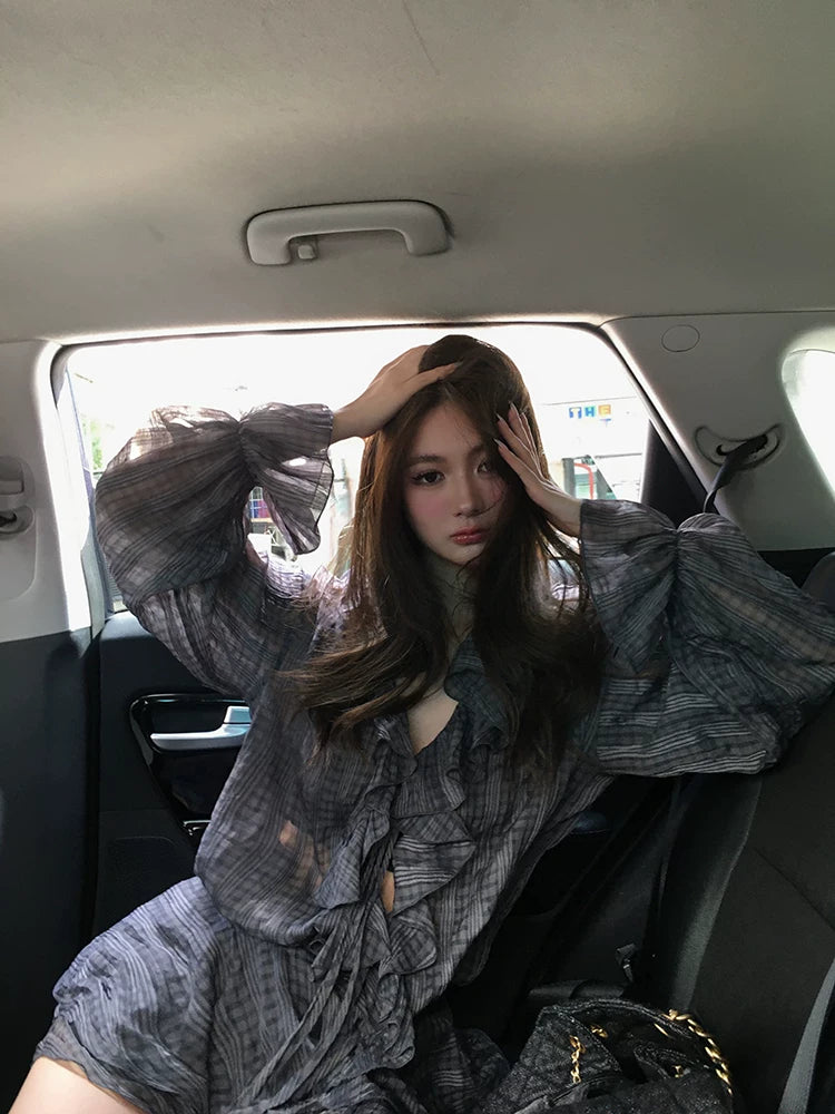 See-through check frill shirts&skirtシースルーチェック柄フリルシャツ&スカート