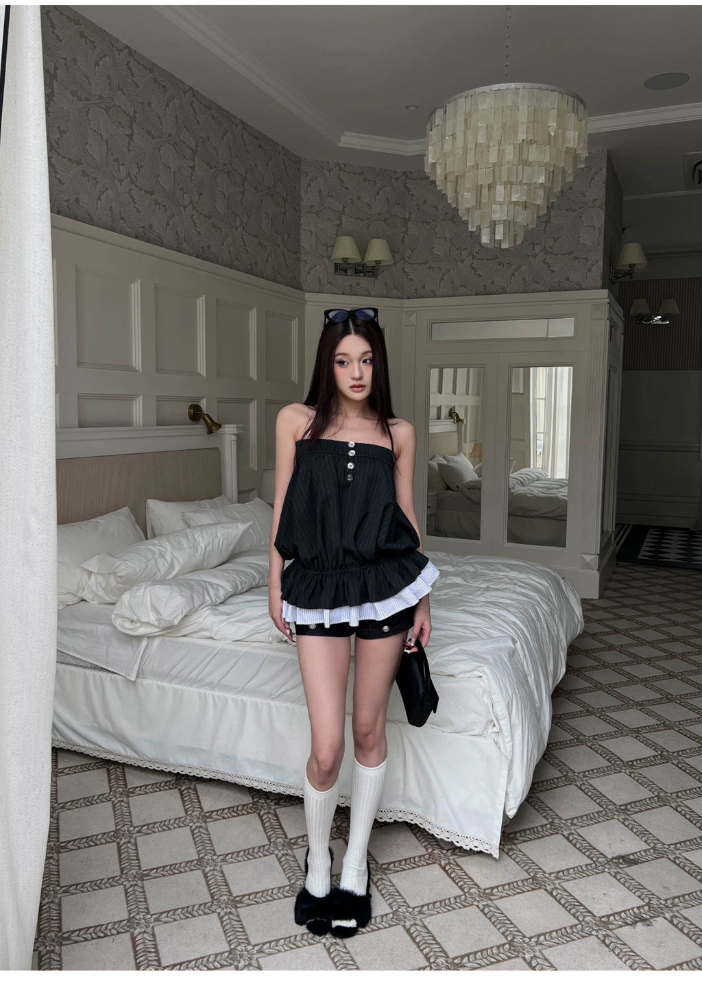 Pleated Ruffle Strapless Short All-in-One プリーツフリル ベアトップショートオールインワン