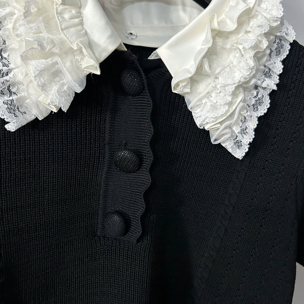 Lace-collar short-sleeve polo shirt レース襟半袖ポロシャツ