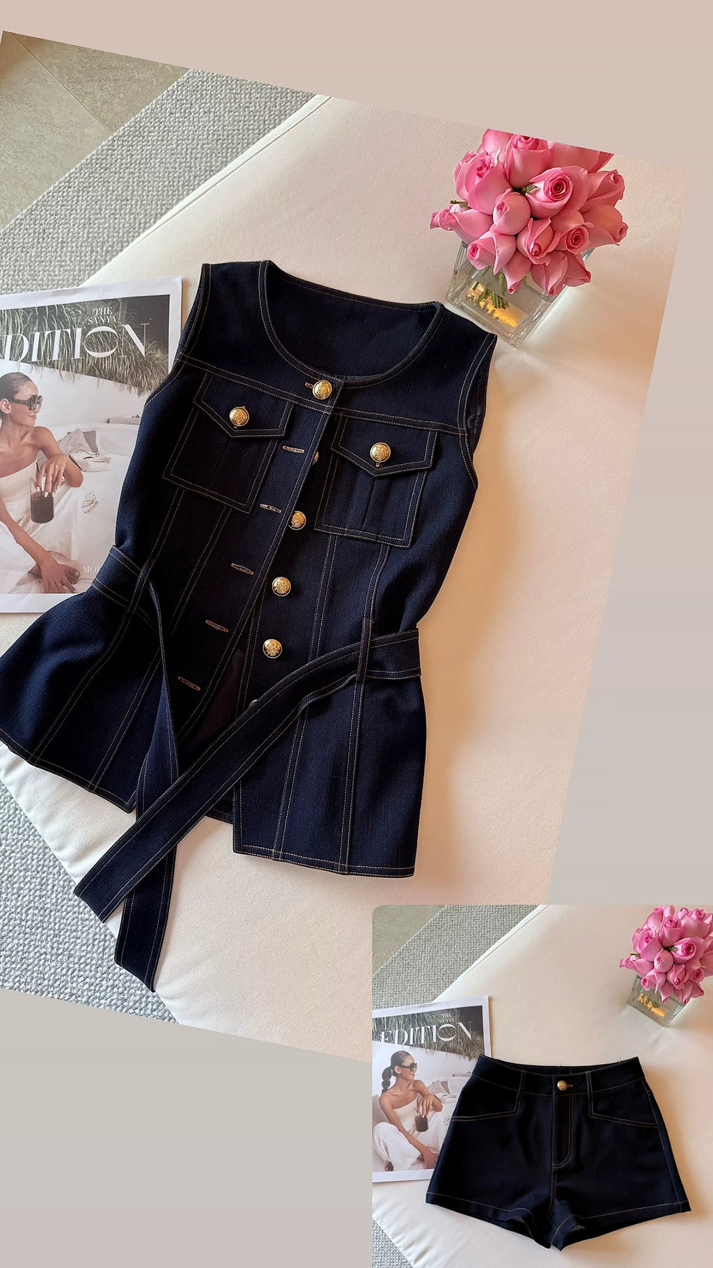 Sleeveless tops & waist ribbon short pants ノースリーブトップス&ウエストリボンショートパンツ
