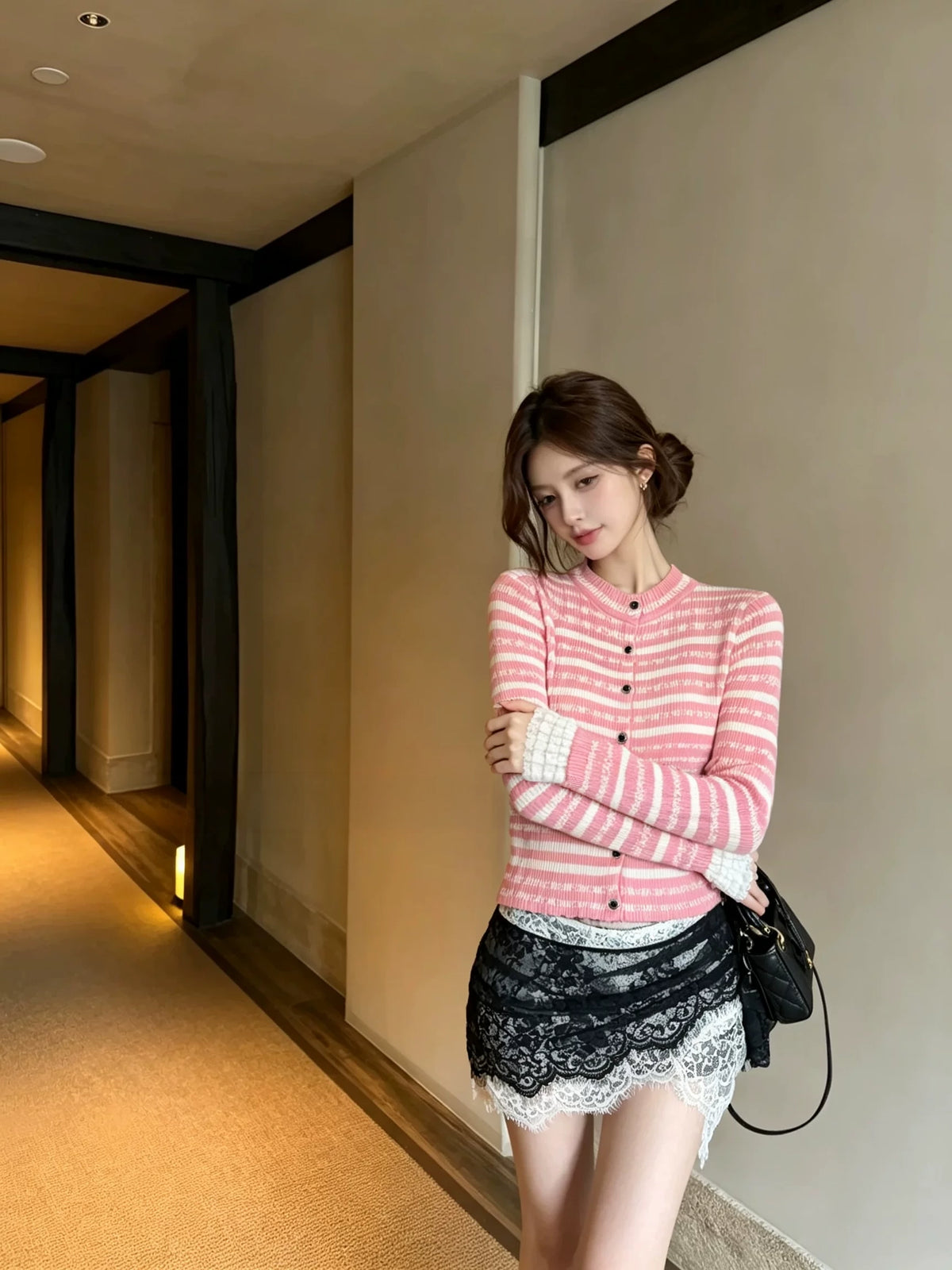 Lace-Stripe Cardigan レースストライプカーディガン