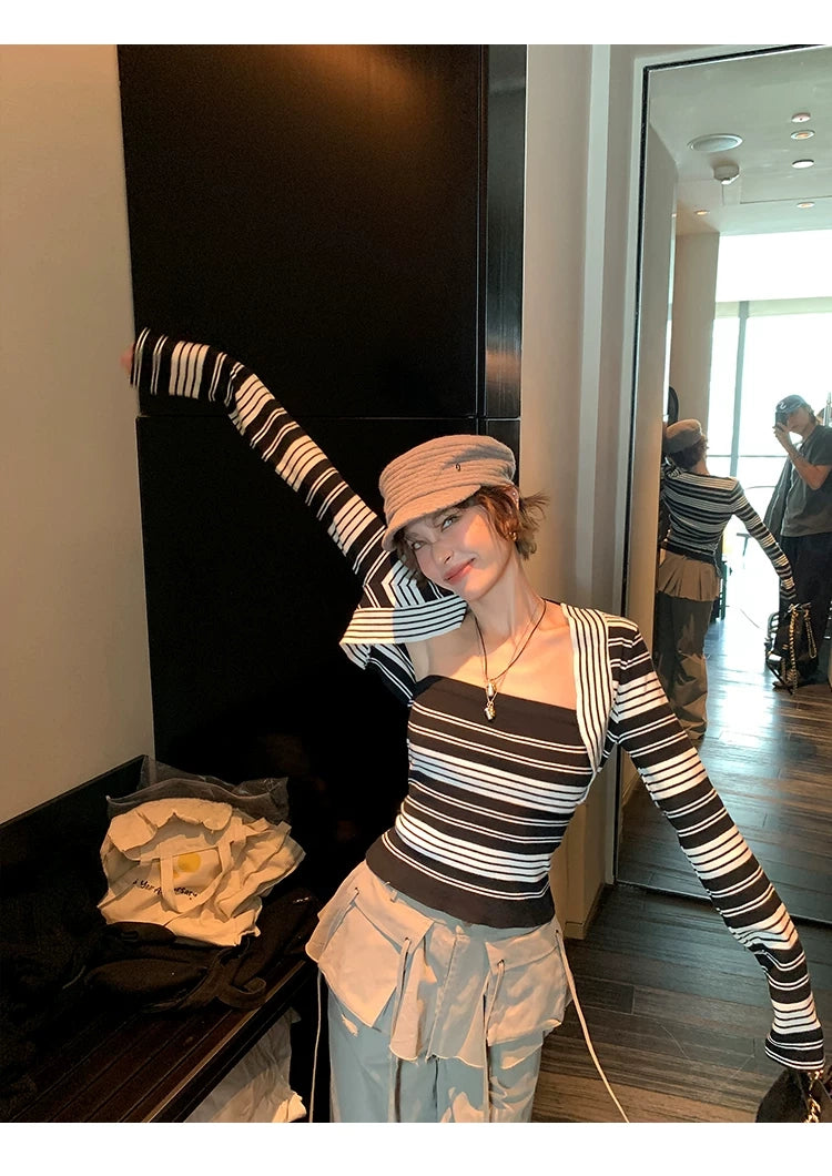 Short Bolero Striped bare top cargo pants set ショートボレロボーダーベアトップカーゴパンツセット