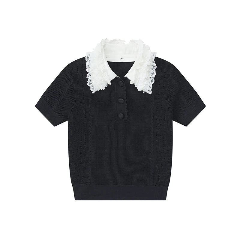 Lace-collar short-sleeve polo shirt レース襟半袖ポロシャツ