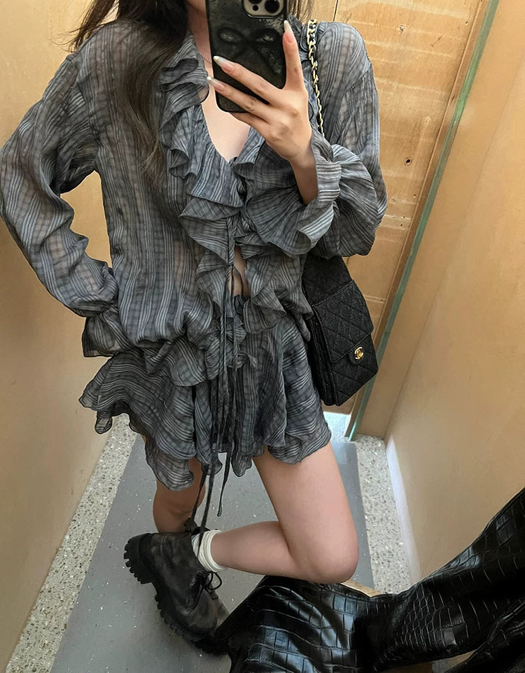 See-through check frill shirts&skirtシースルーチェック柄フリルシャツ&スカート