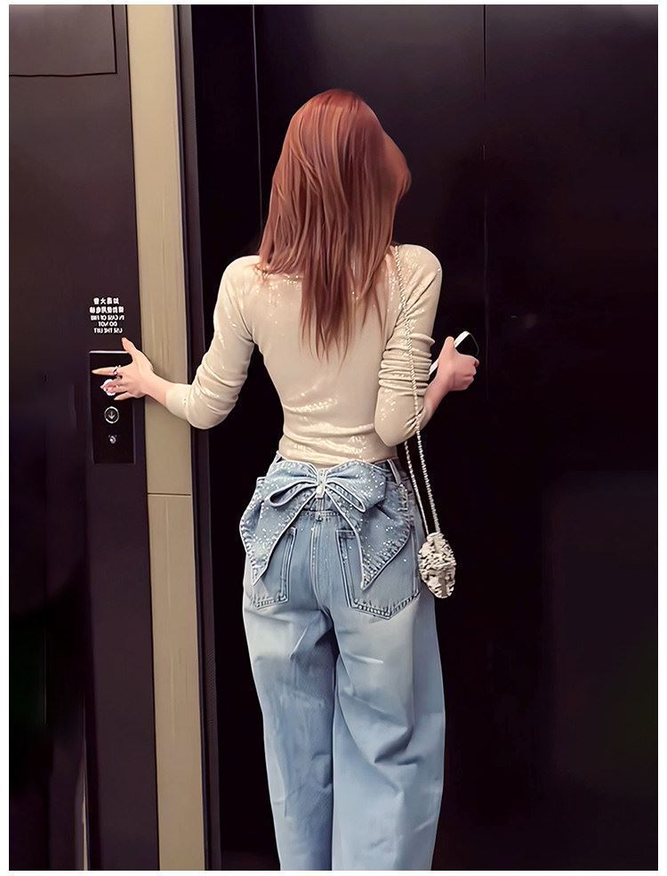 Robbon Line Stone Denim リボン ラインストーン デニム